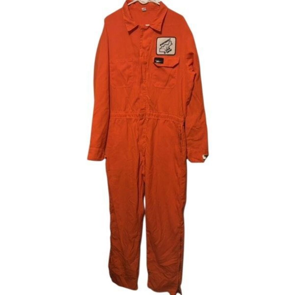 Union Line Coveralls Orange IBEW Patch Work Jumpsuit USA Made Pit-to-Pit 26⁠